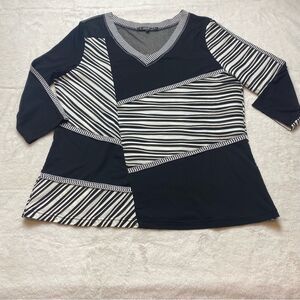 Lior Paris Black and White Striped Color Block V Neck Patchwork Top Size Large